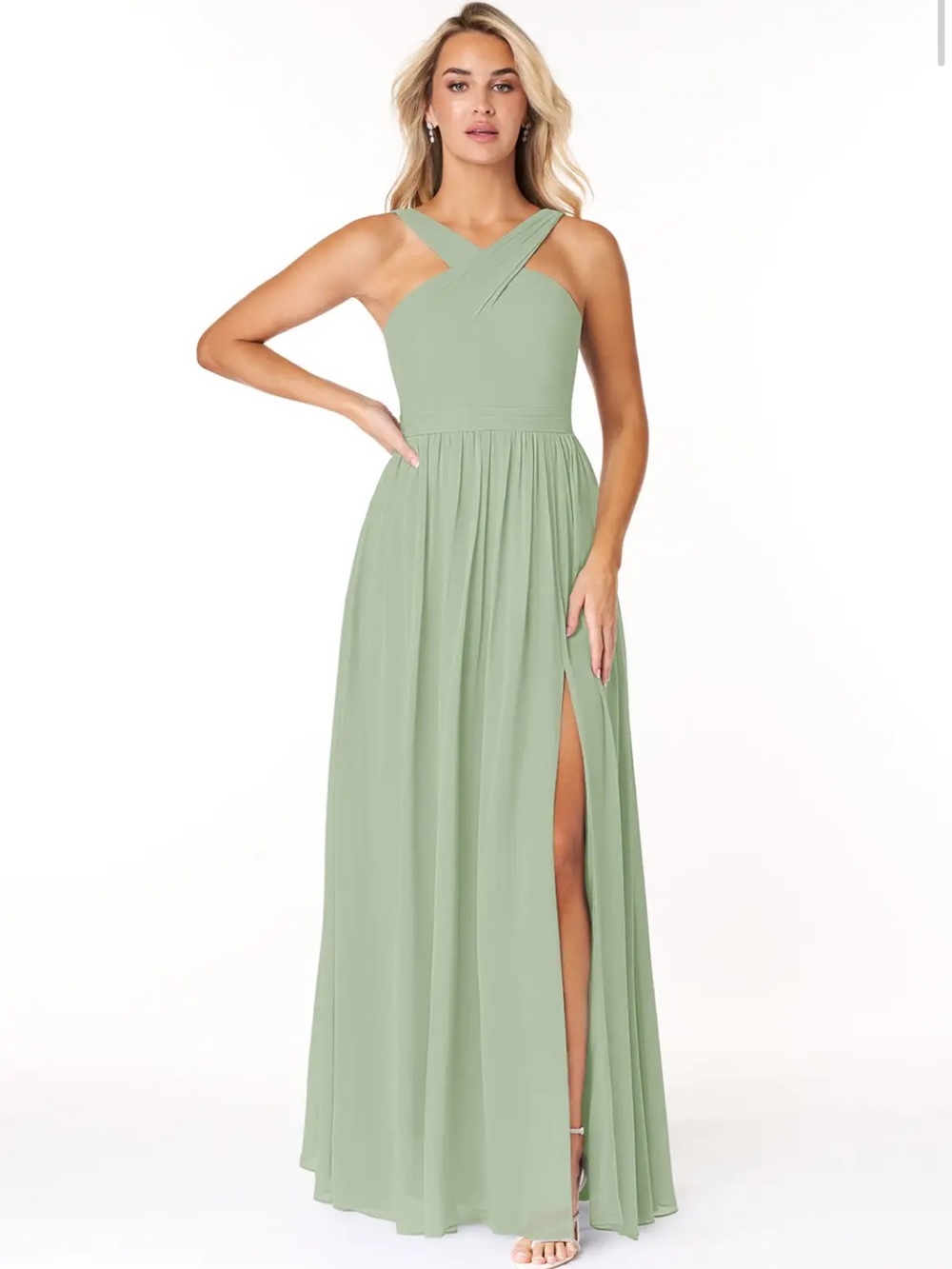 Azazie Sage Green Elvira Cross-Shoulder Maxi Gown